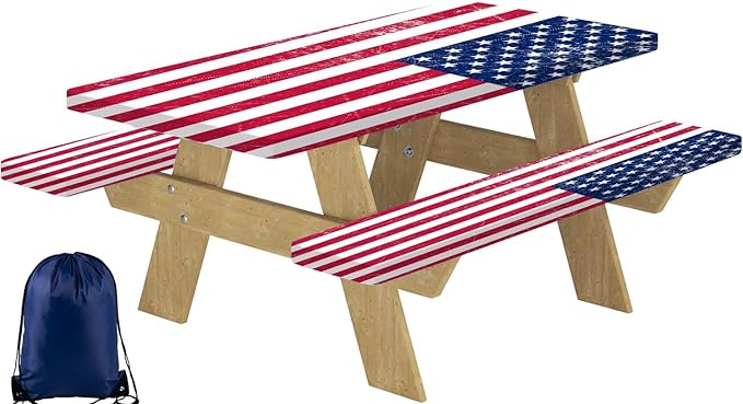 CAPSCEOLL Fitted Picnic Table Cover with Bench Covers 4Th of July Waterproof Camping Tablecloth All-Weather Outdoor Table Protector with Drawstring Bag for Camping Essentials, 72X30in, American Flag