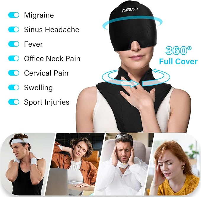 Migraine Relief Cap & Neck Ice Pack Wrap Gel Combo, 2Pcs-Set Reusable Headache Hat Ice Pack Mask, Cervical Cold Compress Head Wrap for Tension, Cooling, Pain Relieve