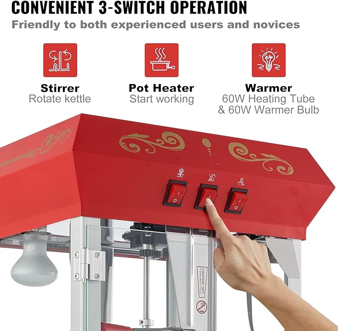 VEVOR Commercial Popcorn Machine, 8 Oz Kettle, 850 W Popcorn Maker on Wheels for 48 Cups per Batch, Theater Style Popper with 3-Switch Control Steel Frame Tempered Glass Doors Cart 1 Scoop 2 Spoons