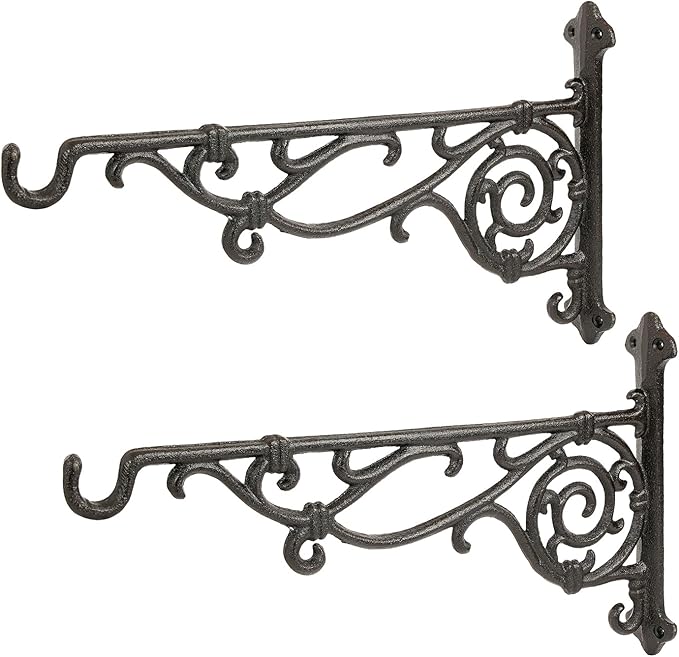Sungmor Cast Iron Hanging Plant Bracket, 16.5" Large Outdoor Wall Plant Hangers, 2pcs Black Heavy Duty Hanging Basket Hooks, Decorative Hooks for Flower Pot, Lantern, Wind Chime, Hummingbird Feeder