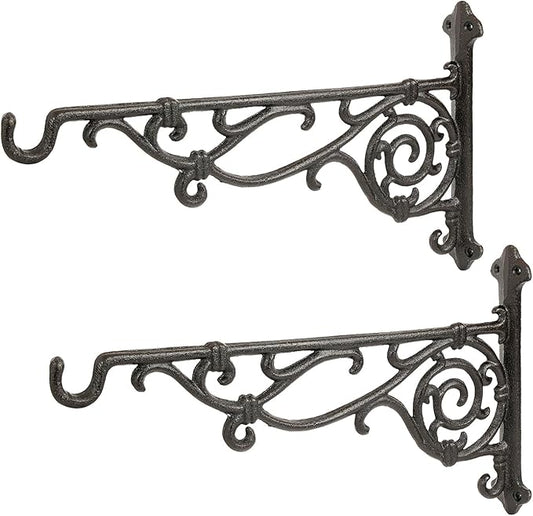 Sungmor Cast Iron Hanging Plant Bracket, 16.5" Large Outdoor Wall Plant Hangers, 2pcs Black Heavy Duty Hanging Basket Hooks, Decorative Hooks for Flower Pot, Lantern, Wind Chime, Hummingbird Feeder