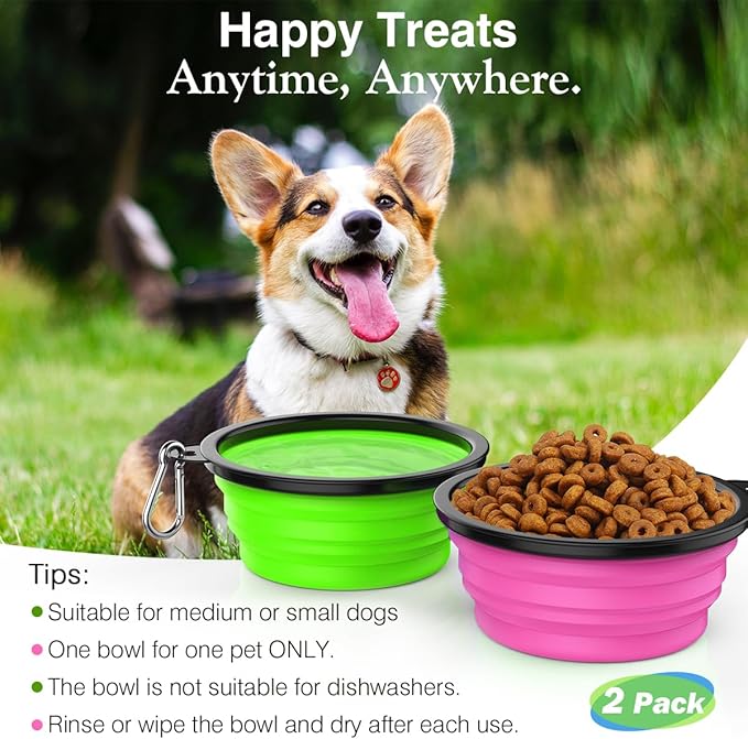 Pawaboo Collapsible Dog Bowls 2 Pack, Silicone Feeding Watering Bowls with Lids & Carabiners for Dogs Cats, Portable Water Feeder Food Bowl for Walking Traveling Home Use, Pink + Green