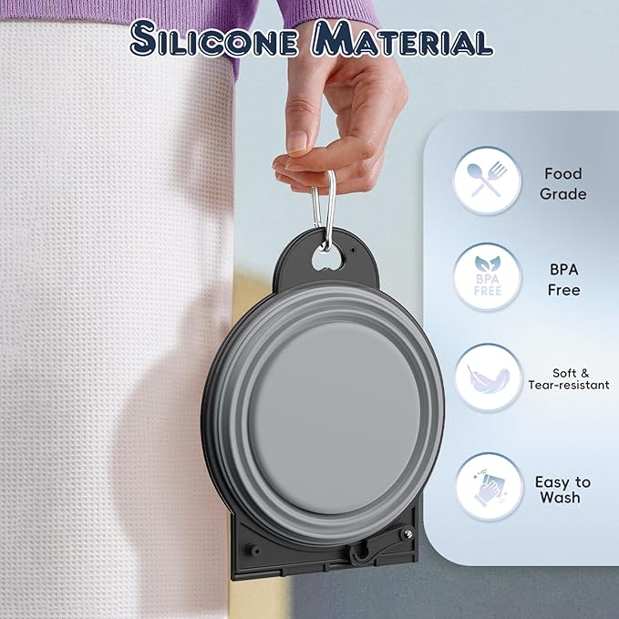 Pawaboo 2-in-1 Collapsible Dog Bowls, Dual Puppy Food and Water Bowls, 180° Flip Over Portable Silicone Dog Bowl with Metal Hook, 450ml Pet Travel Feeder Bowl for Walking Hiking Camping, Gray