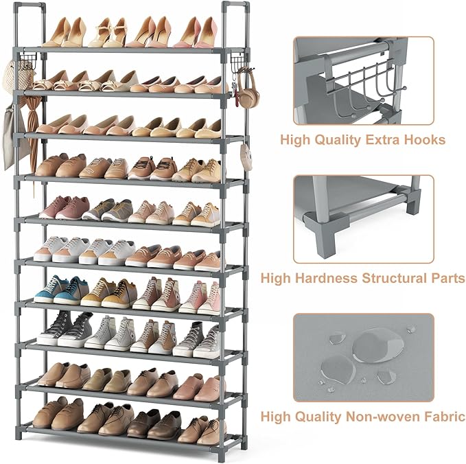 VTRIN 10 Tiers Shoe Rack Tall Large Capacity 50 Pairs Wide Shoe Organizer Sturdy Shoe Shelf for Entryway with Two Hooks Metal Shoe Storage for Closet, Bedroom, Grey