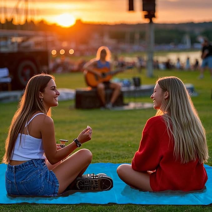 Outdoor Pocket Blanket, 55"x79" Waterproof Foldable Compact Pincic Blanket, Ultralight Tarp for Camping, Festival, Beach, Hiking, Backpacking, Travel and More, Stakes Included