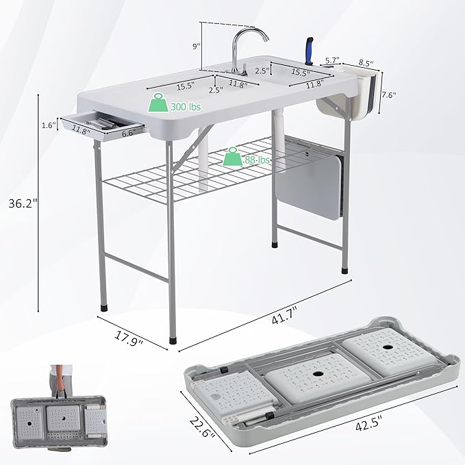 Dragosum 42'' Outdoor Fish Cleaning Table Portable Camping Sink Station with Double Sinks, Collapsible Swivel Faucet, Picnic Sink Table with 6pc Fish Cleaning Kit for Picnic Beach Patio (Grey)