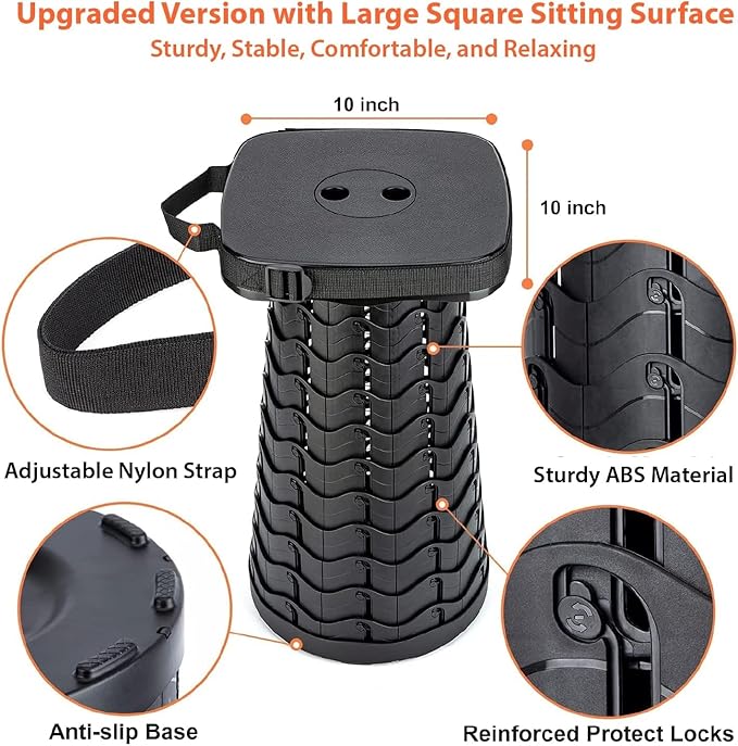 Portable Collapsible Stool Set - Heavy Duty Square Collapsible Stool + Thick Seat Cushion - 550lbs Load Capacity for Camping Picnic Gardening Travel (Black/Black)