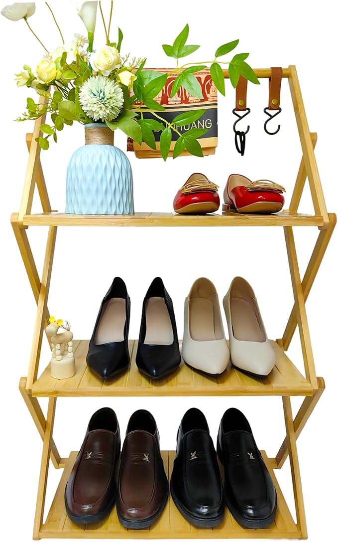 Foldable Bamboo Shelf, Folding Shoe Rack, Flower Rack, Camping Rack, No Installation Required, Portable, Space Saving, Multi-Purpose Storage Rack (Natural,3 Tiers with Boom)