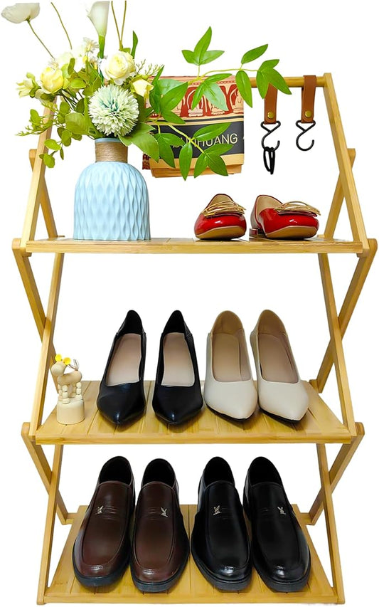 Foldable Bamboo Shelf, Folding Shoe Rack, Flower Rack, Camping Rack, No Installation Required, Portable, Space Saving, Multi-Purpose Storage Rack (Natural,3 Tiers with Boom)
