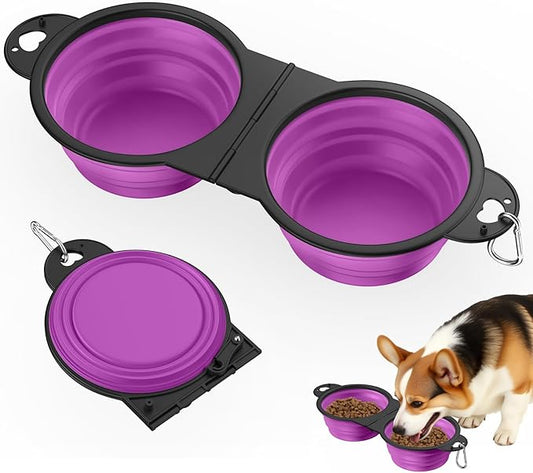 Pawaboo 2-in-1 Collapsible Dog Bowls, Dual Puppy Food and Water Bowls, 180° Flip Over Portable Silicone Dog Bowl with Metal Hook, 450ml Pet Travel Feeder Bowl for Walking Hiking Camping, Purple