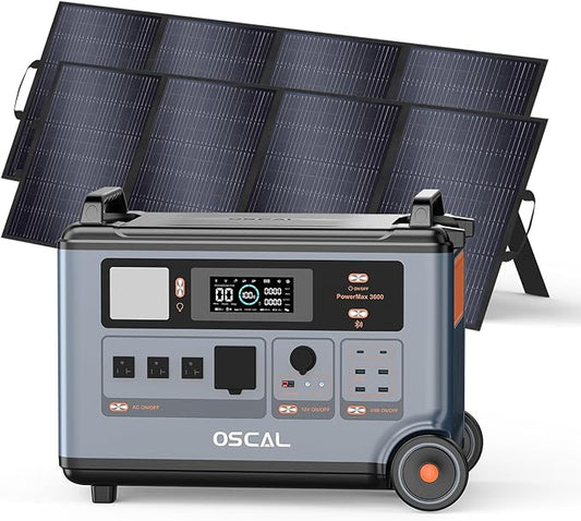OSCAL PowerMax 3600 Solar Generator with 2x400W Solar Panel, 3600Wh/3000W Power Station with 4 AC Outlets (6000W Peak), 1.2H Full Charging, APP Control Emergency Power Station for Home, Camping & RVs