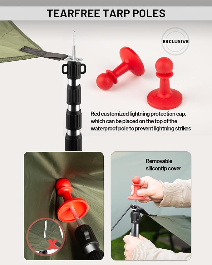 Tarp Poles Heavy Duty Adjustable, AVOFOREST Aviation Aluminum 8.7FT Tent Poles Lengthen and Thicken with Protection Cap Awning Poles Set of 4 for Hiking Silver