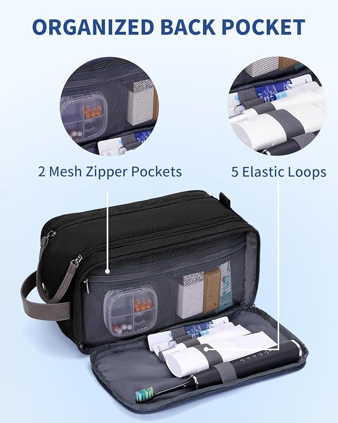 WANDF Toiletry Bag for Men Travel Toiletry Organizer Canvas and Leather Dopp Kit Water-Resistant Shaving Bag for Travel Accessories (Black, Large)