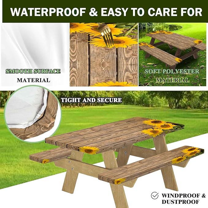 CAPSCEOLL Elastic Picnic Table Cover with Bench Covers 5Ft Waterproof Fitted Picnic Table Cover Cloths for Outdoors Camping Tablecloth with Drawstring Bag, 60X30in, Wooden Sunflowers