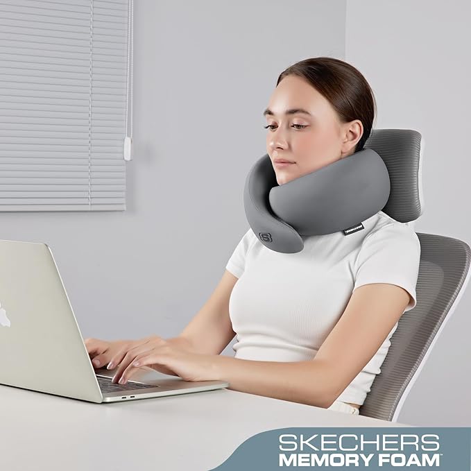 Skechers Memory Foam Travel Pillow,Comfortable & Breathable Airplane Travel Essential, Neck Pillow for Travel, Car Rides, Home, and Office Use, Ergonomic Design for Men and Women,Gray