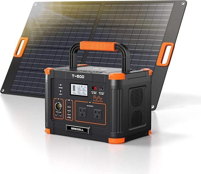 500W Portable Power Station with 100W Solar Panels 519Wh Solar Generator Outdoor Backup Lithium Battery Pack Power Supply with AC Outlet 110V for Tent Camping Home Emergency Traveling RV Trip