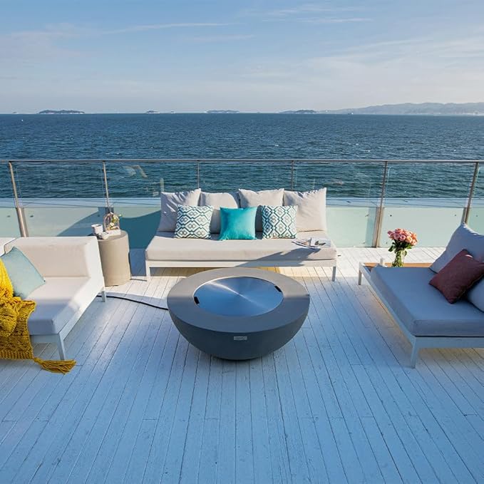 Elementi Lunar Fire Bowl Outdoor Fire Pit Table 42 Inches Round Firepit Concrete Patio Heater Electronic Ignition Backyard Fireplace Cover Lava Rock Included Liquid Propane