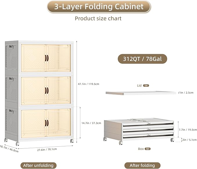 312 QT / 78 Gal Stackable Collapsible Storage Bins with Magnetic Doors & Wheels - Space-Saving Plastic Organizer Cabinet for Closet, Office, Home (White)