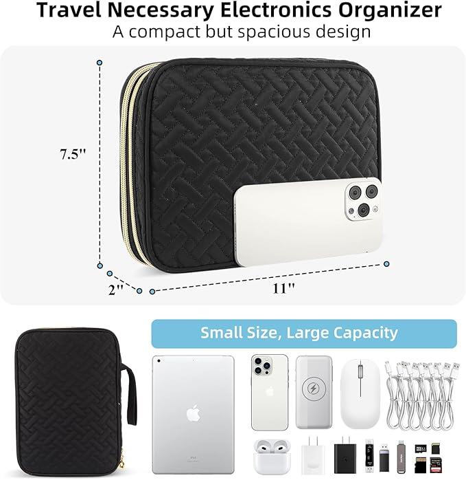 Electronics Organizer Travel Case, Charger Bag Cord Organizer Travel, All-in-One Cable Organizer Bag for Charger, Cords, Phone, Headphones, Flash Drive, SD Card (Black, Large-Double Layer)