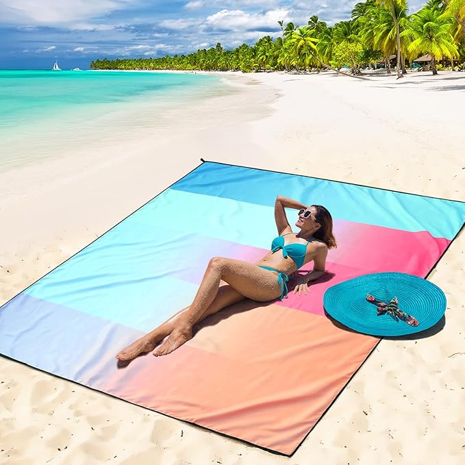 Beach Blanket Waterproof Sandproof Beach Mat 79" X 83"/10'x9'for 2-8 Adults Quick Drying Outdoor Picnic Mat Beach Accessories for Travel, Camping, Hiking