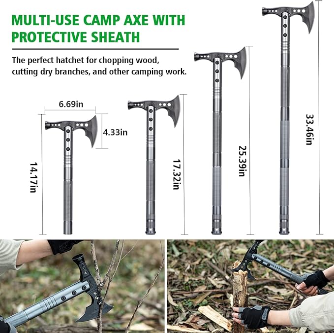 ZENHOSIT Multifunctional Folding Tactical Shovel Hatchet Combo - With Axe, Flashlight, Extension Handles - For Camping, Cycling, Hiking - 19.3-40.9 Inches