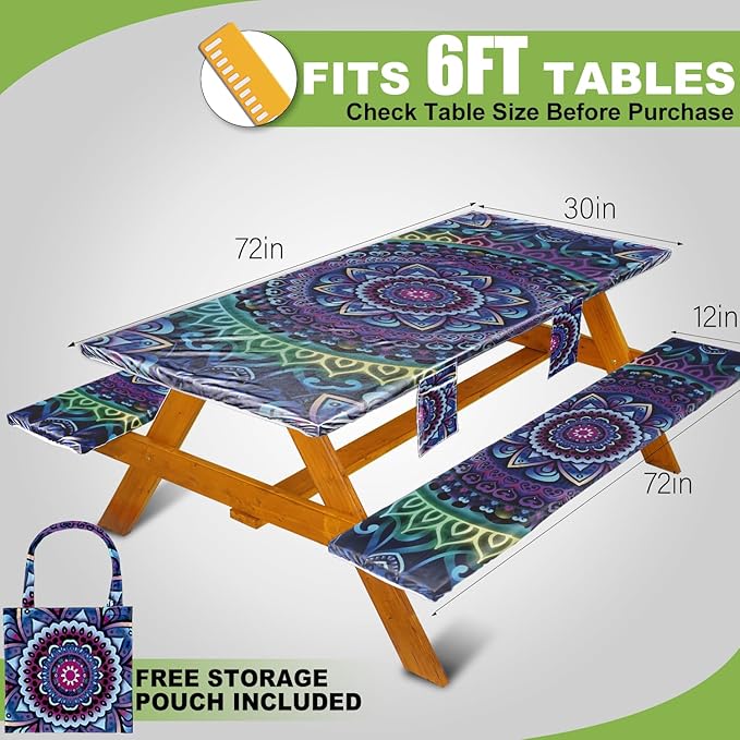 Picnic Table Cover with Bench Covers Vinyl Elastic Edges Fitted Rectangle Seat Tables Waterproof 3-Piece72X30in Set Outdoor Rectangular Folding Backing Tablecloth for Camping Over SizeTie-Dye 101