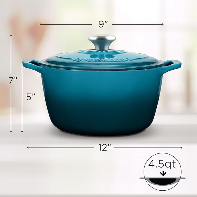 Signature Enameled Cast Iron Dutch Oven, Non-Stick Serving Pot with Tight Fitting Lid for Perfect Roasting, Baking, Sauteing, and Bread Making | 4.5Q (4.2L) - Ocean Blue