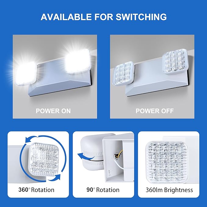 Qllite LED Emergency Light with Battery Backup, LED Commercial Emergency Lighting Fixtures Two Heads Adjustable, UL Listed, AC 120-347V, Energy Efficient for Business Schools Hospitals, Square Ivory