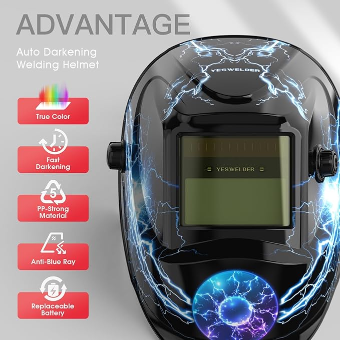 YESWELDER Auto Darkening Welding Helmet, Blue Light Blocking, 1/1/1/1 True Color Solar Powered Welding Hood with 2 Arc Sensors, Wide Shade 3.5/9-13 Welder Mask for TIG MIG ARC and Grind