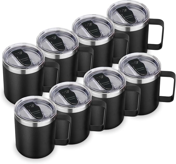 Volhoply 14oz Insulated Stainless Steel Coffee Mug with Lid Bulk 8 Pack,Double Wall Vacuum Travel Coffee Cup with Handle,Reusable Metal Cups Tumbler,Camping Mugs Keep Hot,Ideal Gifts(Black,8)