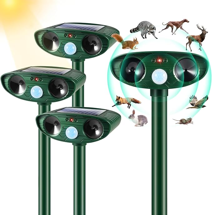 4 Pack Deer Repellent Devices,Ultrasonic Animal Repeller Outdoor Waterproof with Motion Sensor,Effective Solar Animal Deterrent to Scare Cat Dog Squirrel Rabbit Raccoon Skunk Repellent for Yard Garden
