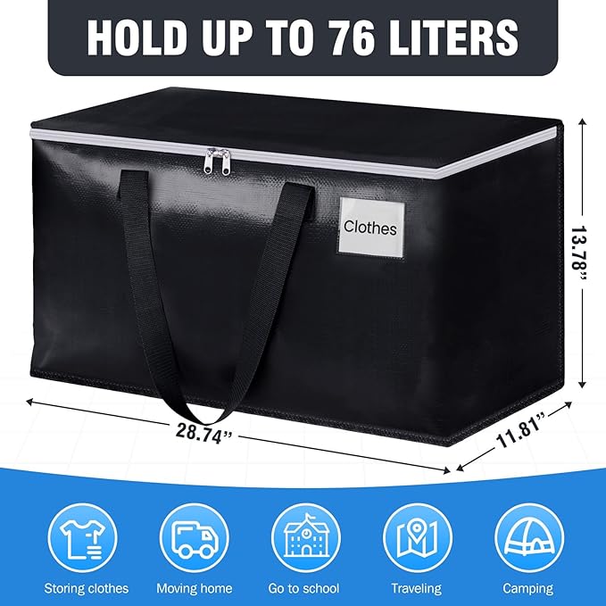 BlissTotes Moving Bags, Heavy Duty Moving Boxes with Zippers Top and Sturdy Handles, Storage Bags for Space Saving and Packing, Collapsible Moving Supplies, Storage Totes (76L, 2-Pack, Black)