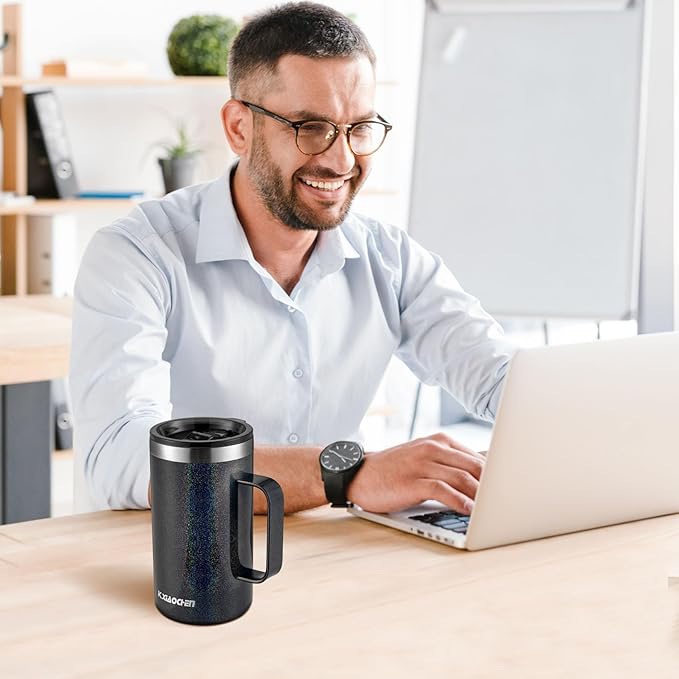 KXIAOCHEN 20oz Insulated Coffee Mug with Lid, Stainless Steel Coffee Cup, Double Wall Vacuum Coffee Tumbler with Handle, Premium Thermal Travel Coffee Mug (Glitter Black White 2Pack)