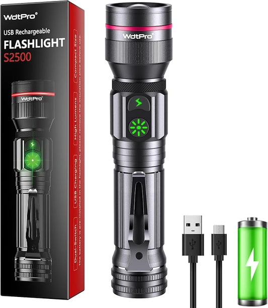 WdtPro Rechargeable Flashlight, Bright LED Flash Light, 5 Modes, Zoomable Small Torch with Clip, Waterproof, Flash Lights for Camping Essential Outdoor Home Emergency