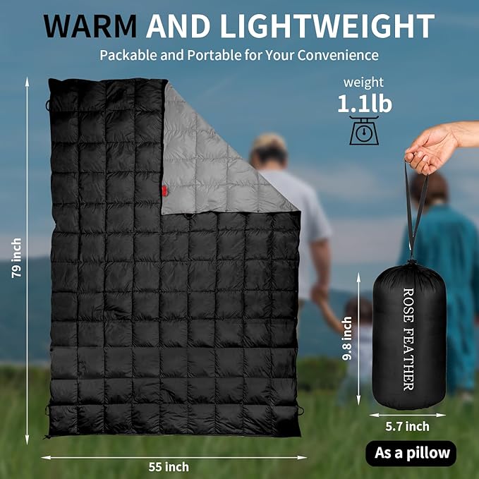 Down Camping Blanket, Muti-Use Outdoor Travel Blanket, Puffy Sleeping Bag Blanket, Waterproof Packable Backpacking Quilt for Camping, Travel, Airplane, Hiking, Picnic, 55''x79''