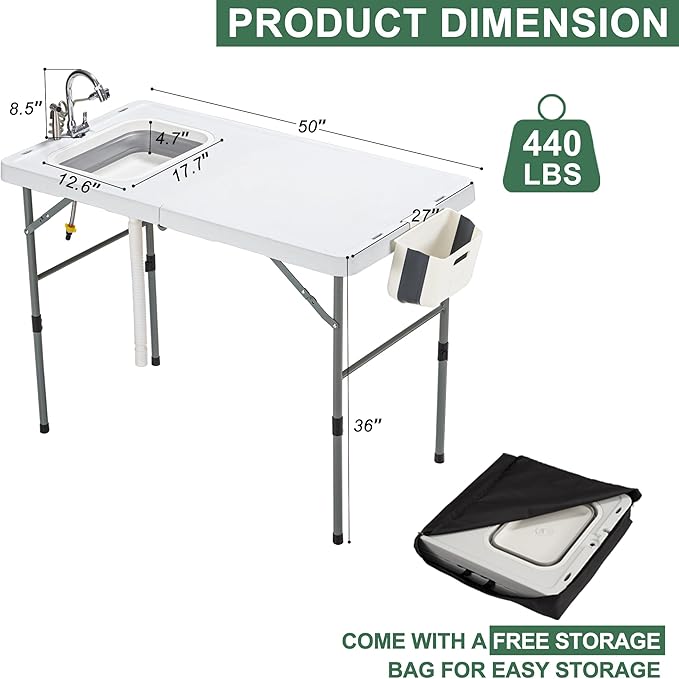 Dragosum 50" Folding Fish Cleaning Table with Foldable Sink, Outdoor Fillet Station Portable Camping Kitchen Station with Smaller Folding Volume, Larger Desktop, Fish Cleaning Kit