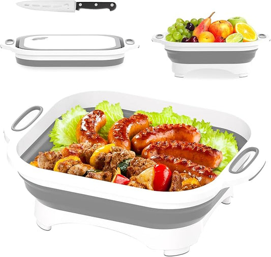 Collapsible Cutting Board,HI NINGER Camping cutting board with knife,Multifunctional Kitchen Vegetable Washing Basket Silicone Dish Tub for Camping Kitchen essentials/bbq prep tub/rv accessories
