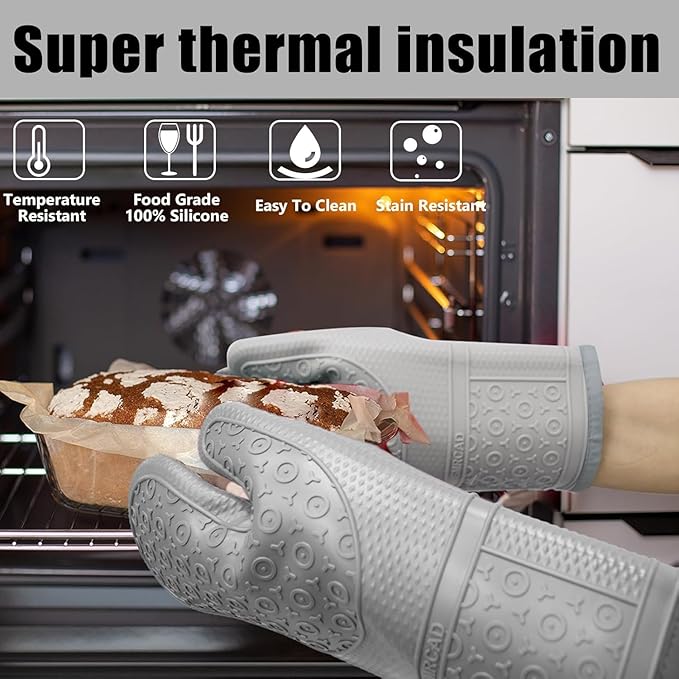 Oven Mitts with Heat-Resistant Hot Pads and Five Silicone Spatulas Designed for Kitchen Baking Cooking, Oven Glove Soft Cotton Lining, Waterproof, BPA-Free (GRYE, 12.6)