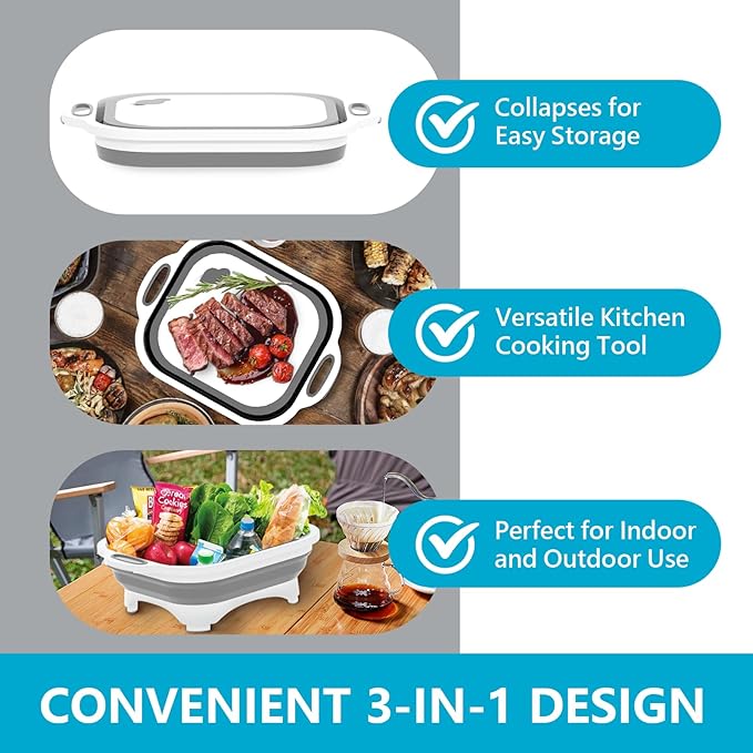Collapsible Cutting Board,HI NINGER Camping cutting board with knife,Multifunctional Kitchen Vegetable Washing Basket Silicone Dish Tub for Camping Kitchen essentials/bbq prep tub/rv accessories