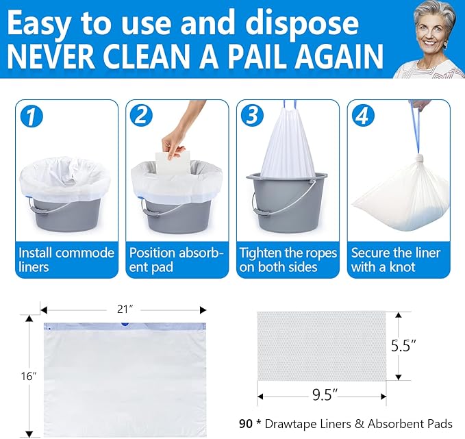 Senvok Commode Liners with Highly Absorbent Pads - 90 Pack | FSA/HSA Eligible | Leak-Proof Medical Grade Disposable Liners for Bedside Commode & Adult Toilet Care