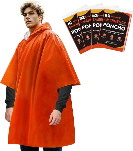 4 Pack Emergency Ponchos with Thickened Mylar Blanket Lining, Windproof, Waterproof, and Thermal Orange Survival Ponchos - Perfect for Outdoor Rescue, Family Camping Gear, Car Emergency Kits
