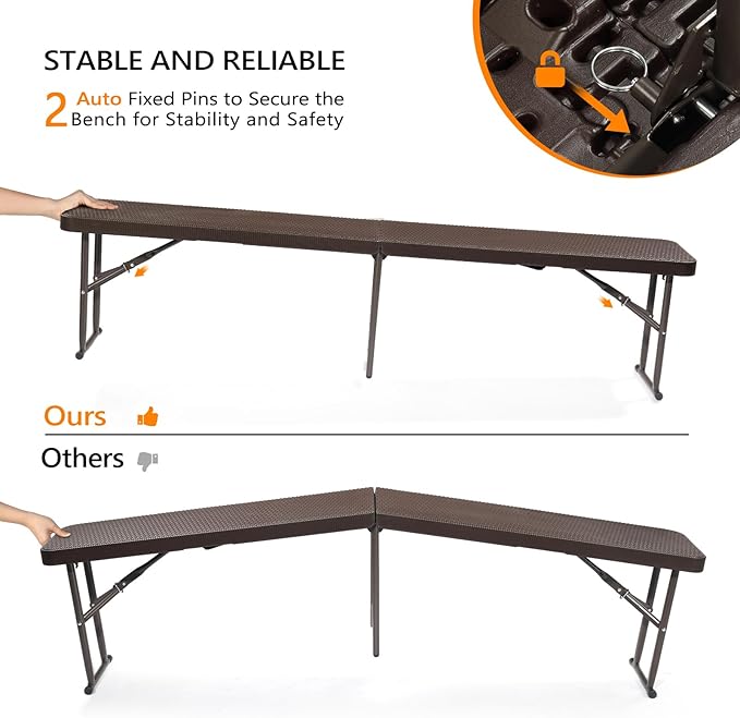 VINGLI 6 feet Plastic Folding Bench,Portable in/Outdoor Picnic Party Camping Dining Seat, Garden Soccer Multipurpose Entertaining Activities, Rattan Patterned HDPE Tabletop, 1 Pack, Brown