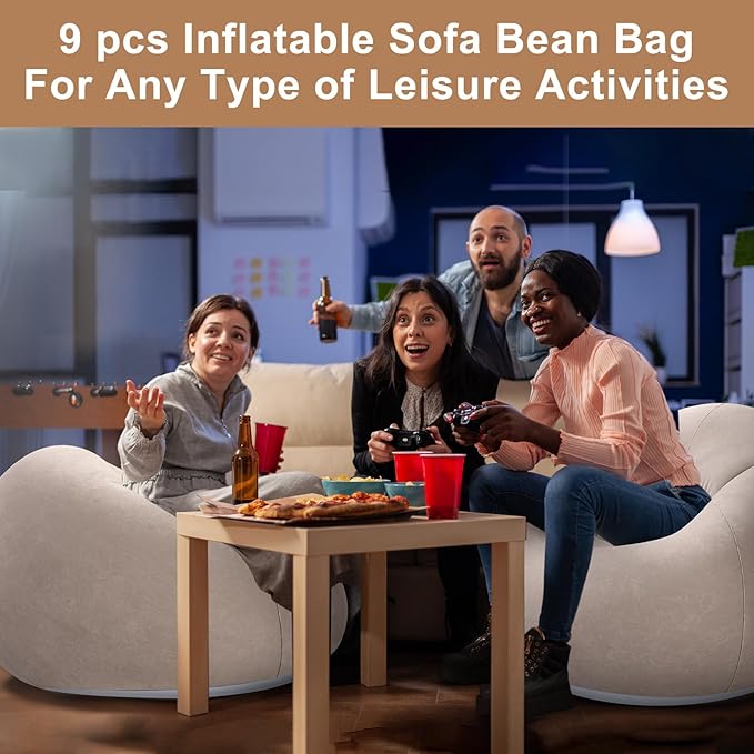 Realspring 9 Pcs Bean Bag Chairs for Adults Inflatable Chairs with Electric Air Pump,Blow up Couch Folding Portable Inflatable Couch Lazy Sofa for Reading Living Room Camping (Coffee)