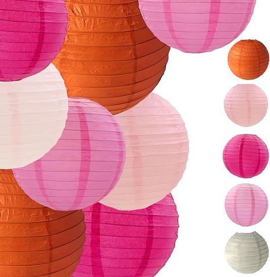 Pink Orange Paper Lanterns Decorative 15pcs Party Hanging Decorations for Bachelorette Wedding Birthday Baby Shower Graduation Anniversary Themed Room Decor