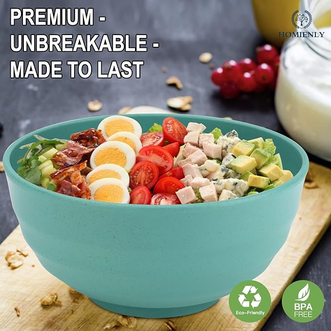 Homienly Wheat Straw Large Bowls, 60 OZ Salad Bowls Set of 8, Unbreakable Large Serving Bowl for Kitchen, Camping, Microwave and Dishwasher Safe Big Plastic Bowl Set Reusable-Green