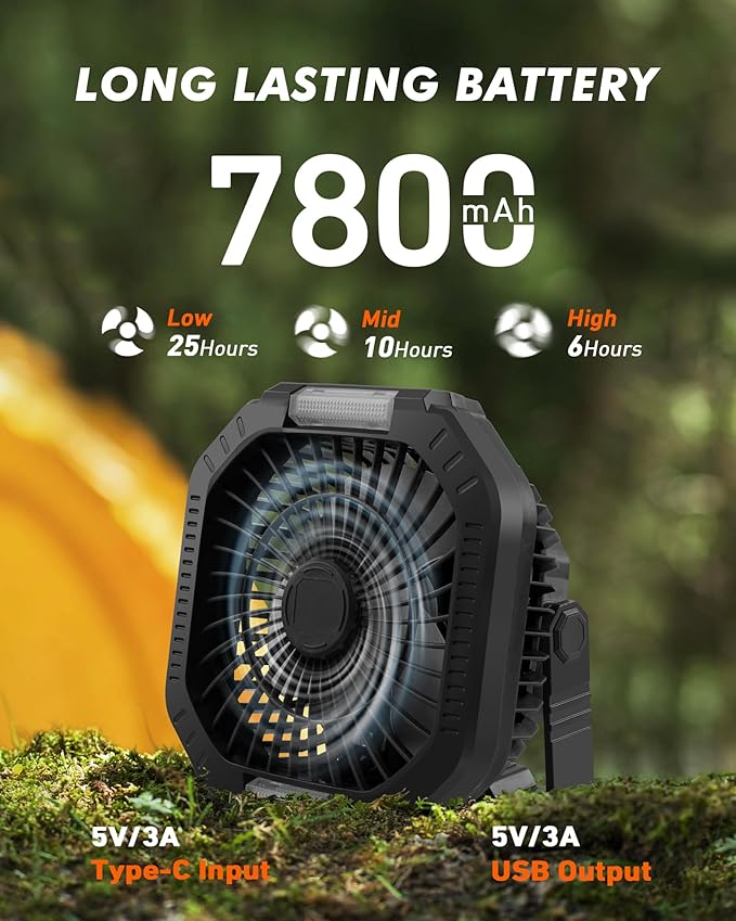 Rechargeable Camping Tent Fan with LED Lantern, 7800mAh Battery Operated Fan with Hang Hook & Remote, Portable Ceiling Tent Fans with Remote for RV Emergency Car Office Hurricane