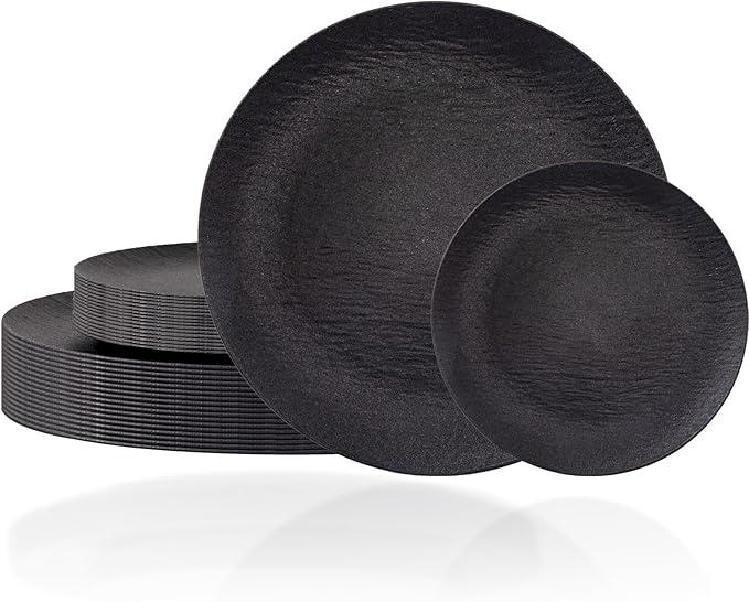 WONDERFUL 32pcs Black Plates Black Plastic Plates Unbreakable and Reusable Plastic Plate Dishwasher safe Dishes Set Includes:16 Dinner 10" and 16 Dessert Plate 7.3" Suitable for BBQ & Camping