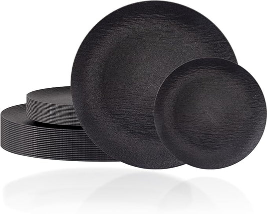 WONDERFUL 32pcs Black Plates Black Plastic Plates Unbreakable and Reusable Plastic Plate Dishwasher safe Dishes Set Includes:16 Dinner 10" and 16 Dessert Plate 7.3" Suitable for BBQ & Camping
