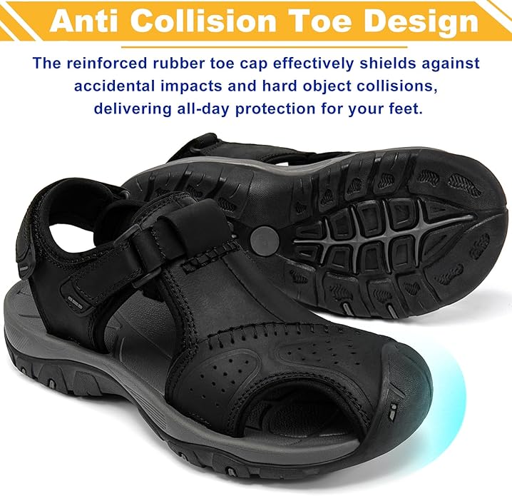 Men's Sport Sandals Closed Toe Leather Hiking Athletic Walking Outdoor Beach Trail River Fishing Water Shoes Lightweight Comfortable Waterproof