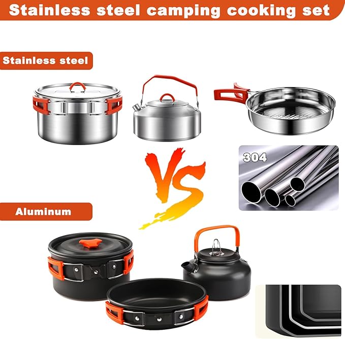 304 Stainless Steel Camping Cookware Set - Mess Kit with Pots, Pans, Kettle, Plates, Forks, Knives, Spoons for 2 People, Perfect for Camping, Picnic, RVs